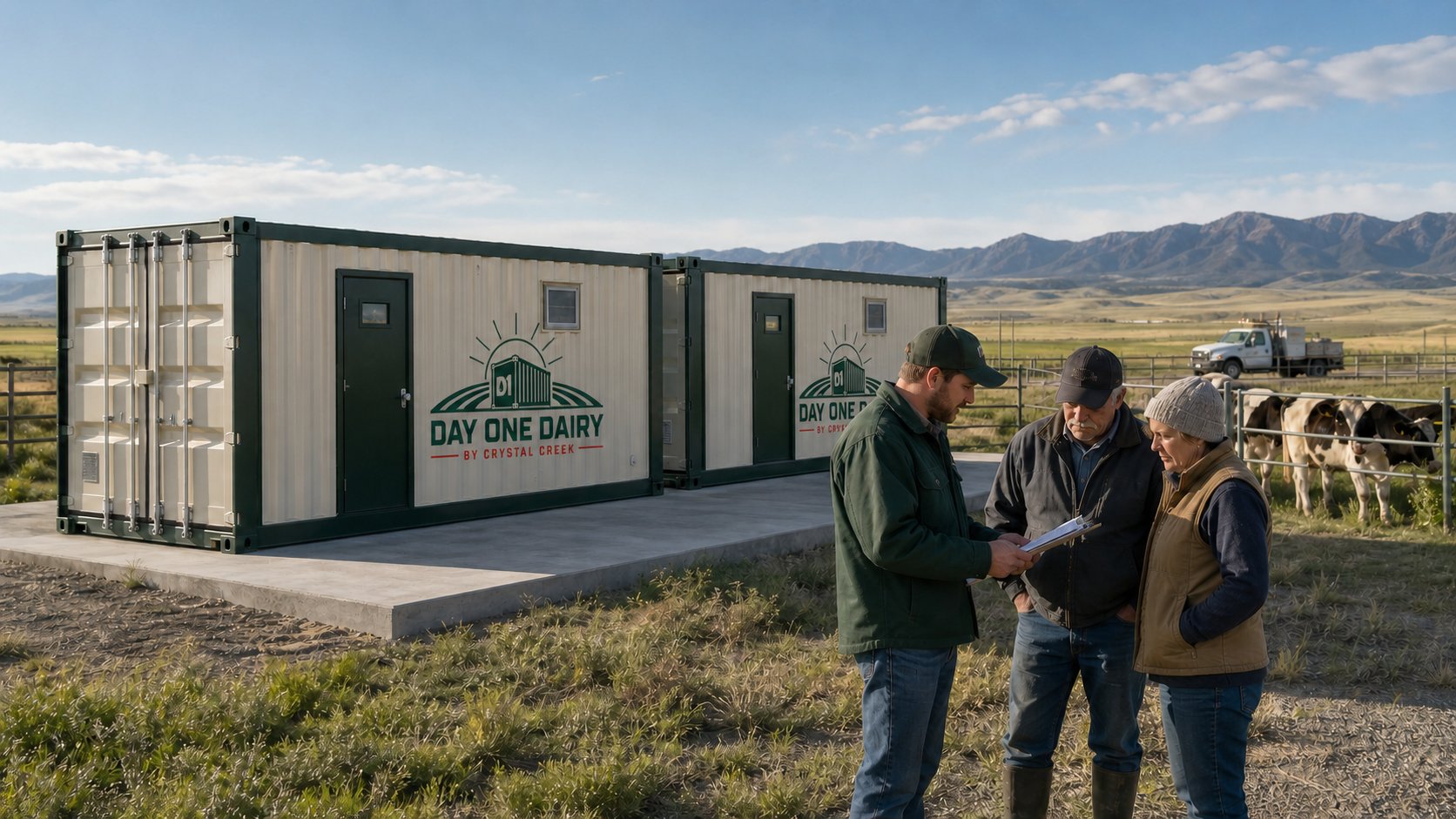 Wyoming farm operators reviewing commissioning beside branded Day One Dairy modules