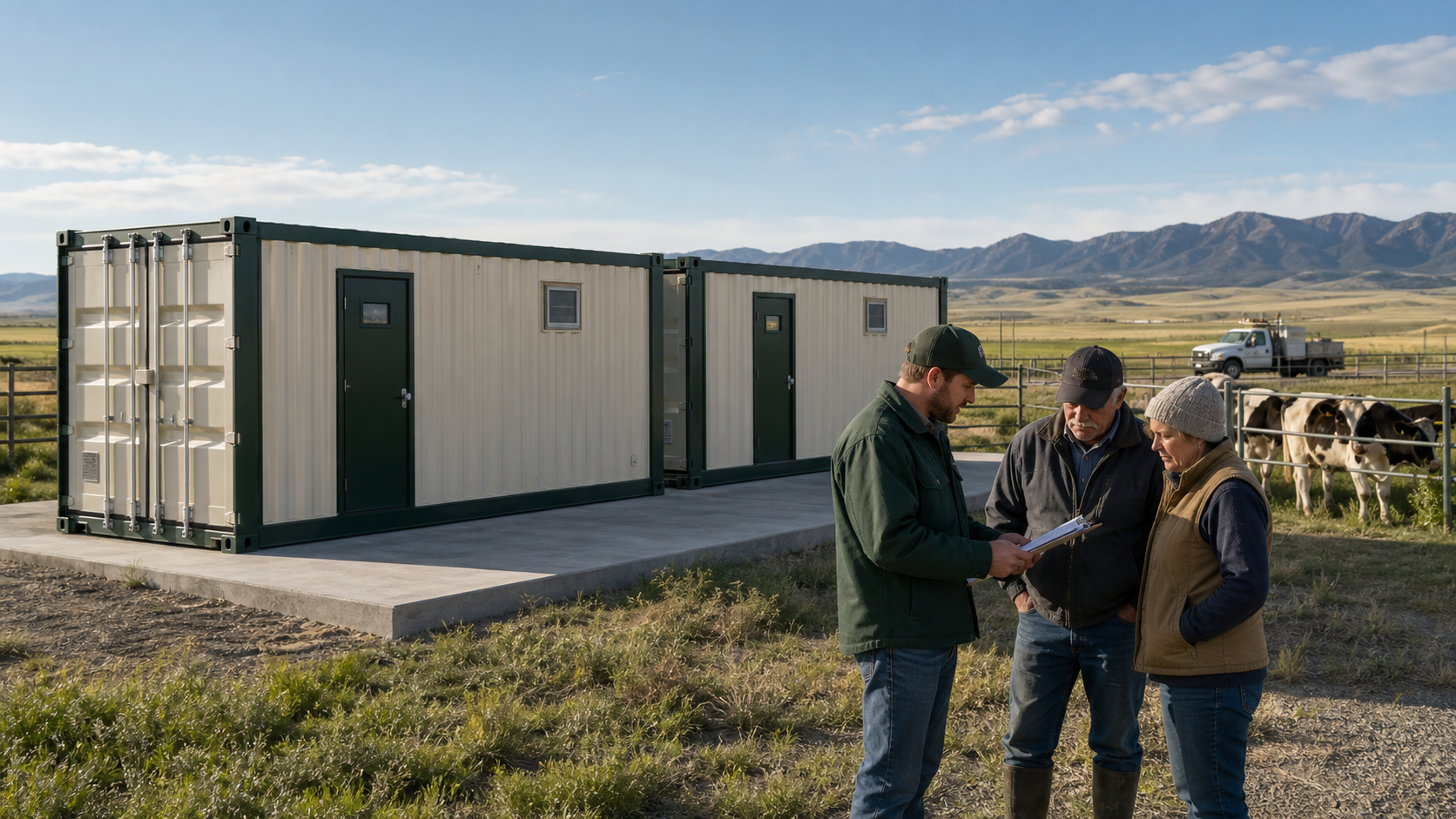 Wyoming farm operators reviewing commissioning with a Crystal Creek engineer